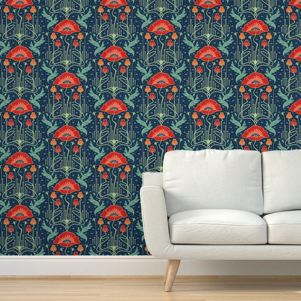 Art Nouveau Poppy Peel and Stick Wallpaper - Red product