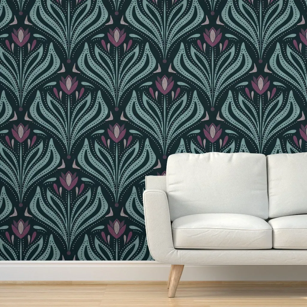 Art Nouveau Retro Floral Peel and Stick Wallpaper - Teal by Spoonflower