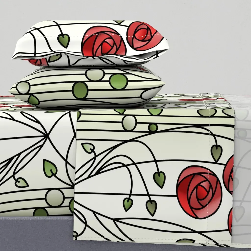 Art Nouveau Roses Stained Glass Queen Sheet Set - Red product