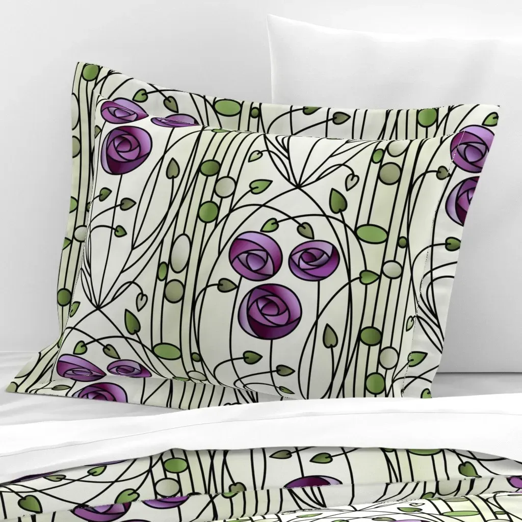 Art Nouveau Roses Stained Glass Standard Flanged Pillow - Purple product