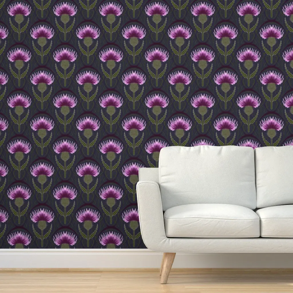 Art Nouveau Scottish Thistle Large Scale Peel and Stick Wallpaper - Purple, Pink product