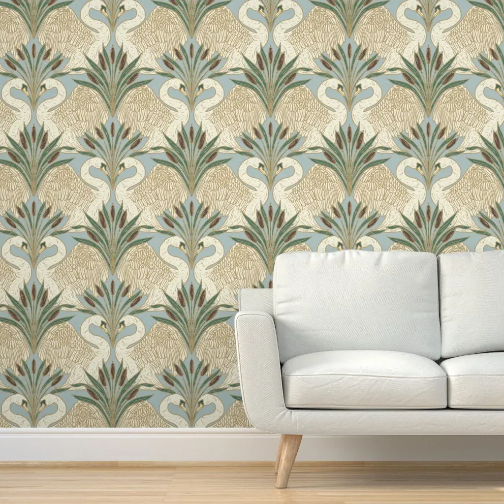 Art Nouveau Swans Cattail Peel and Stick Wallpaper - Cream product