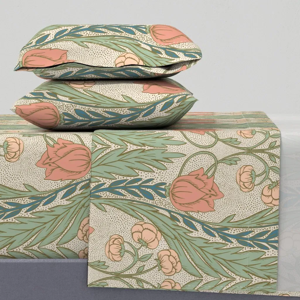 Art Nouveau Tulip Botanical Twin Sheet Set - Coral Pink product