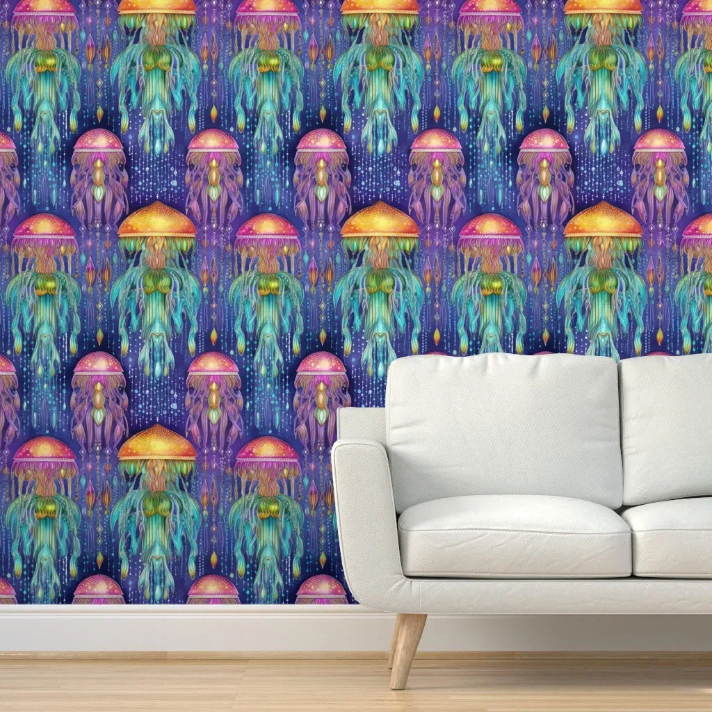 Art Nouveau Watercolor Jellyfish Peel and Stick Wallpaper - Golden Yellow product