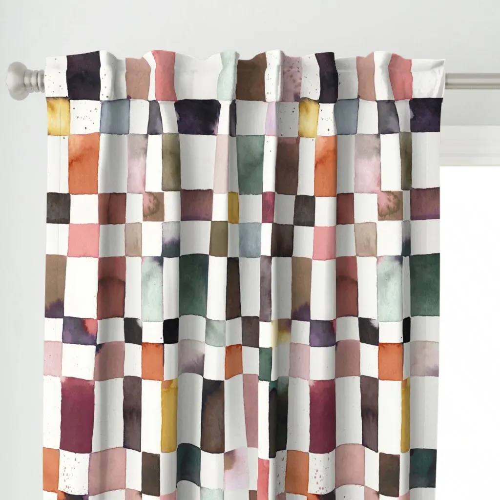 Artistic Plaid Watercolor Curtain Panel - Dusty Rose alternate view