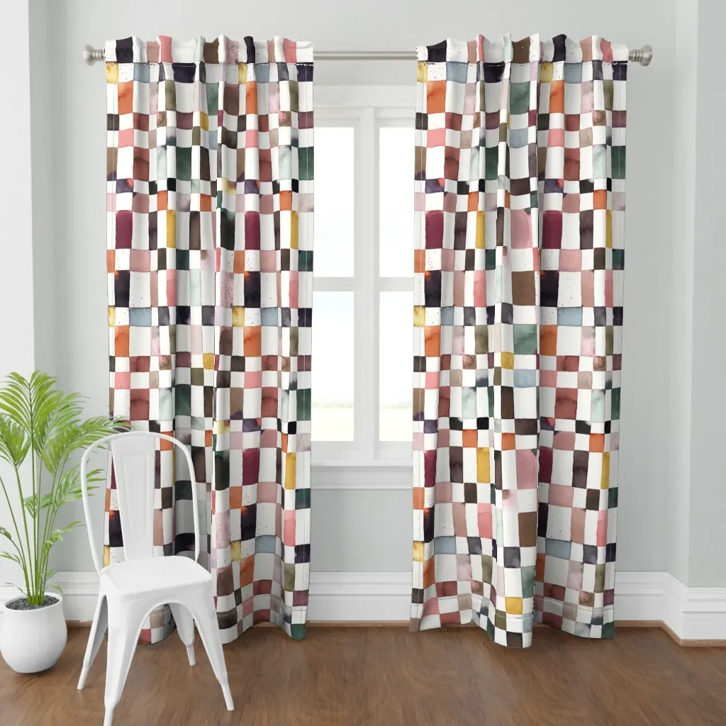 Artistic Plaid Watercolor Curtain Panel - Dusty Rose product