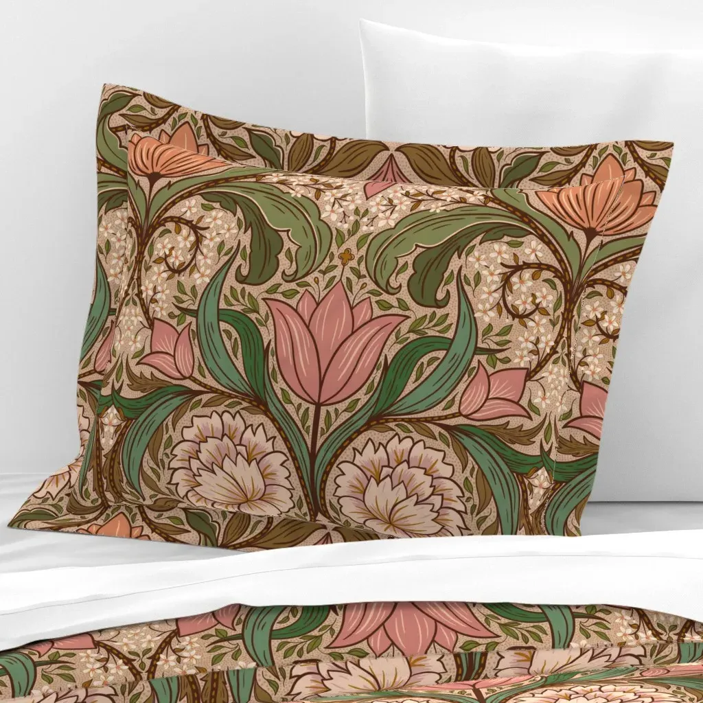 Arts And Crafts Botanical Scrolls Standard Flanged Cushion - Pink, Cotton Sateen product