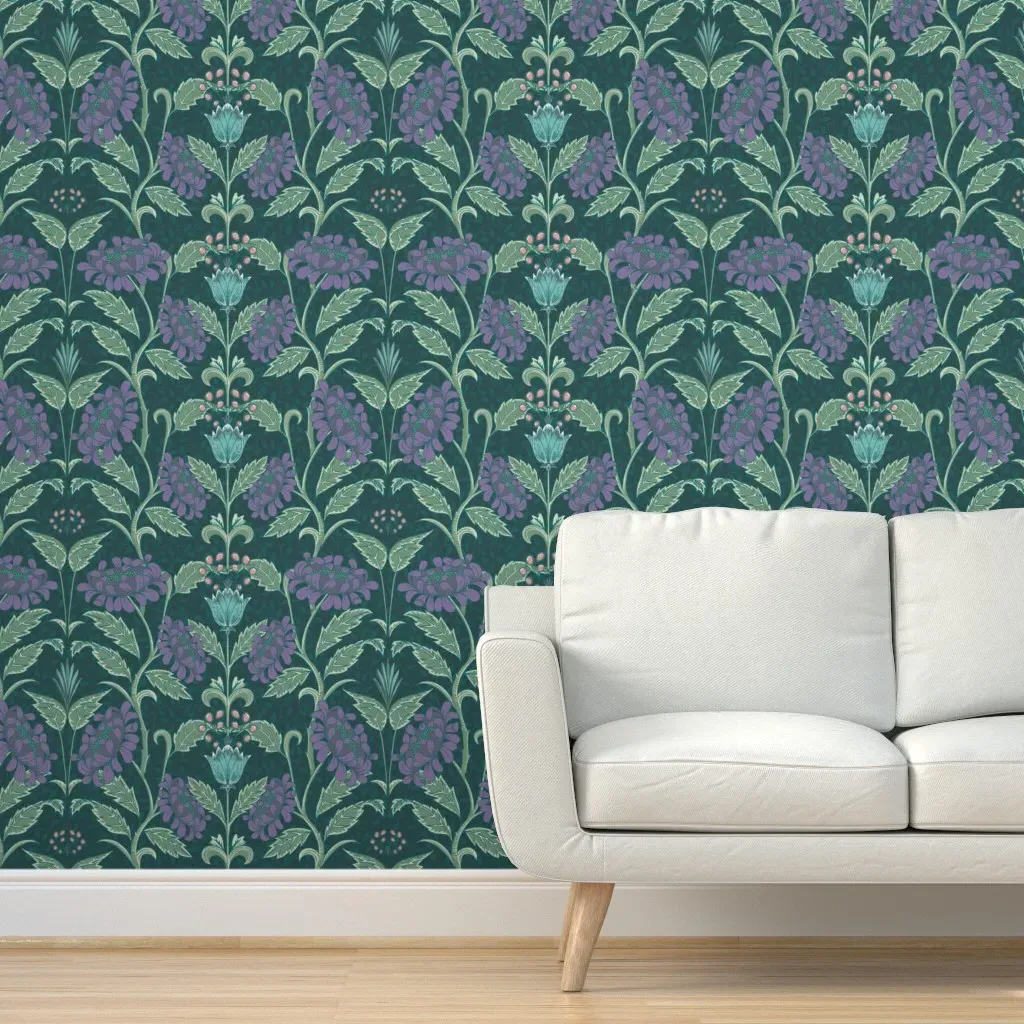 Arts and Crafts Chrysanthemum Peel and Stick Wallpaper - Dark Green Purple product