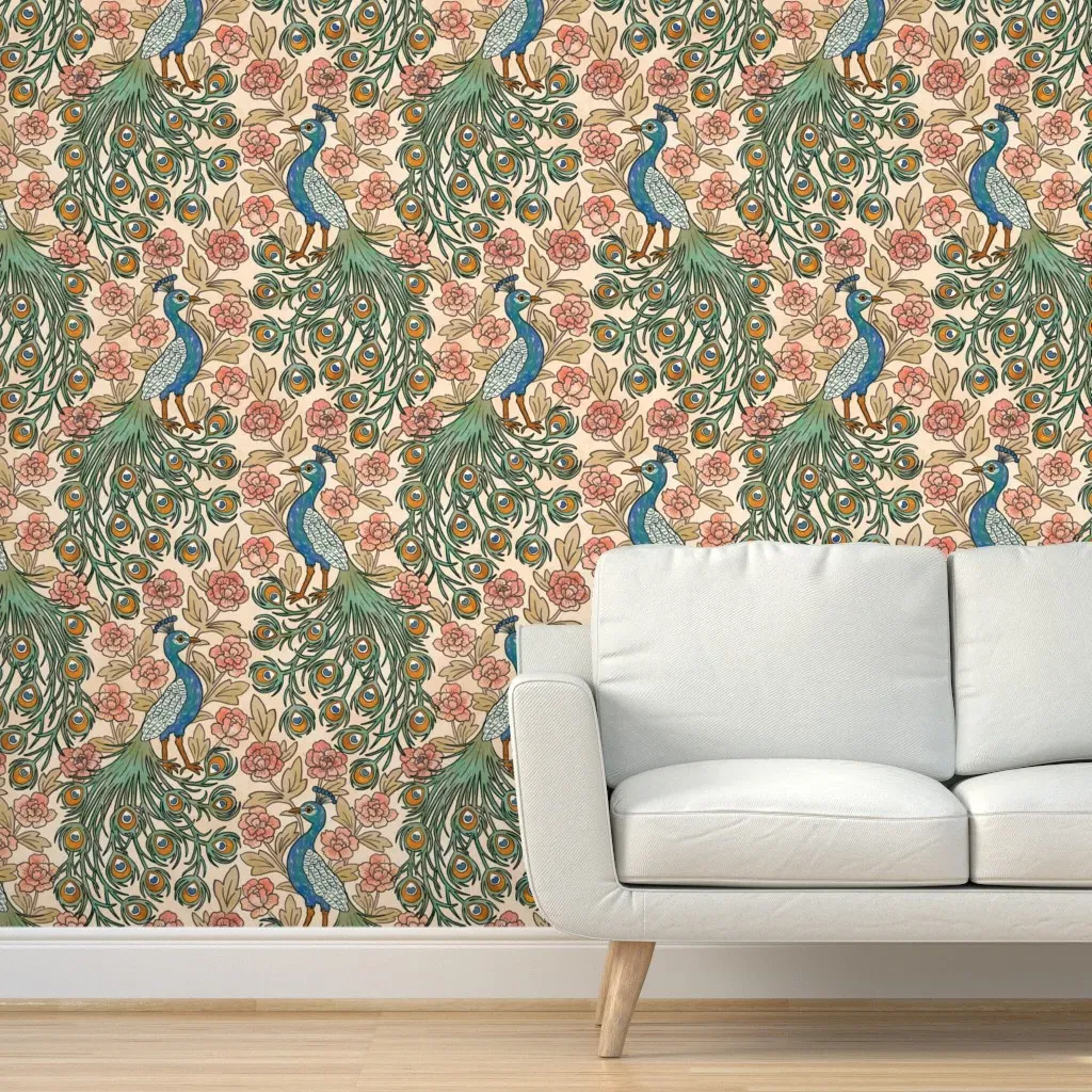 Arts and Crafts Peacocks Peel and Stick Wallpaper - Teal product