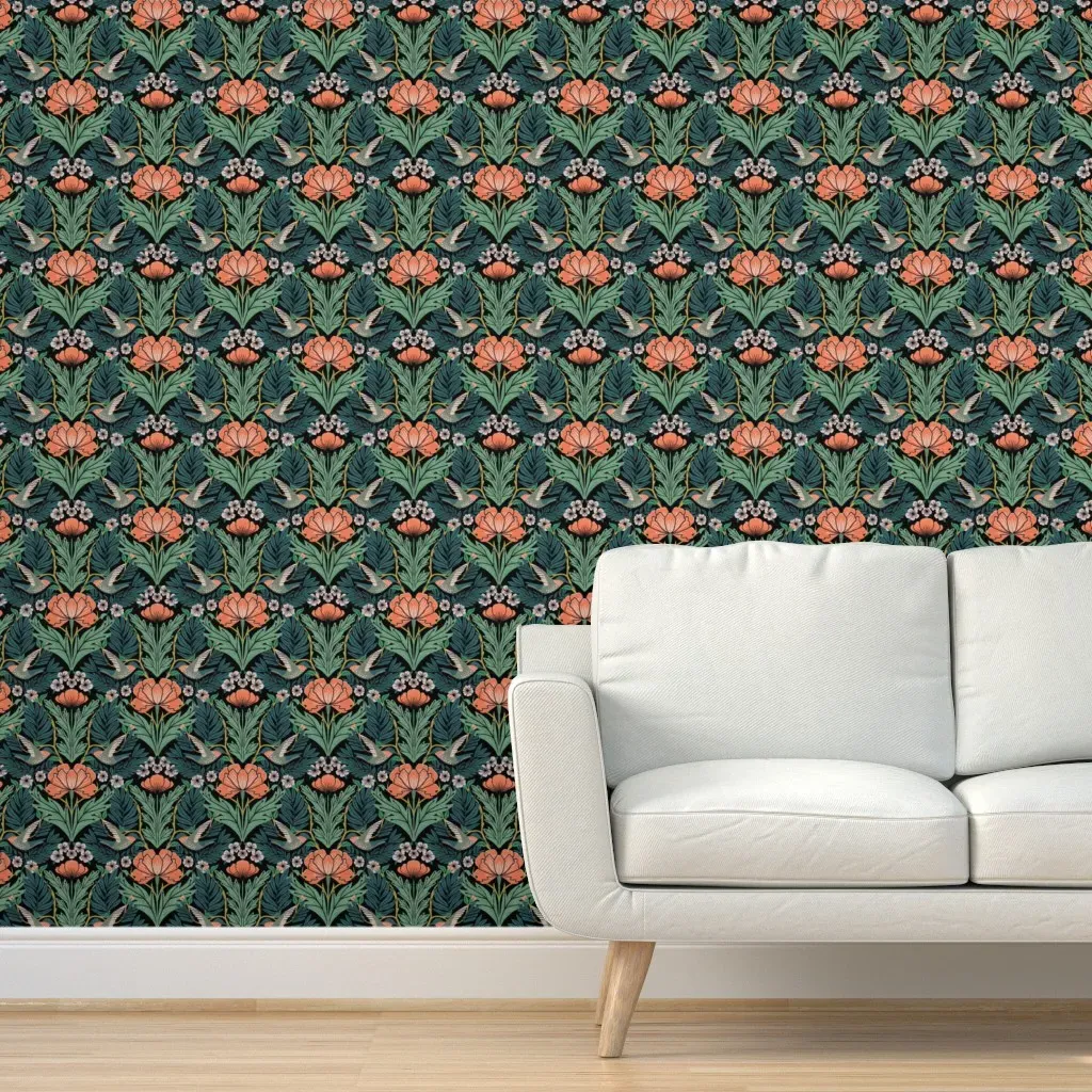 Arts And Crafts Revival Small Scale Peel and Stick Wallpaper - Coral product
