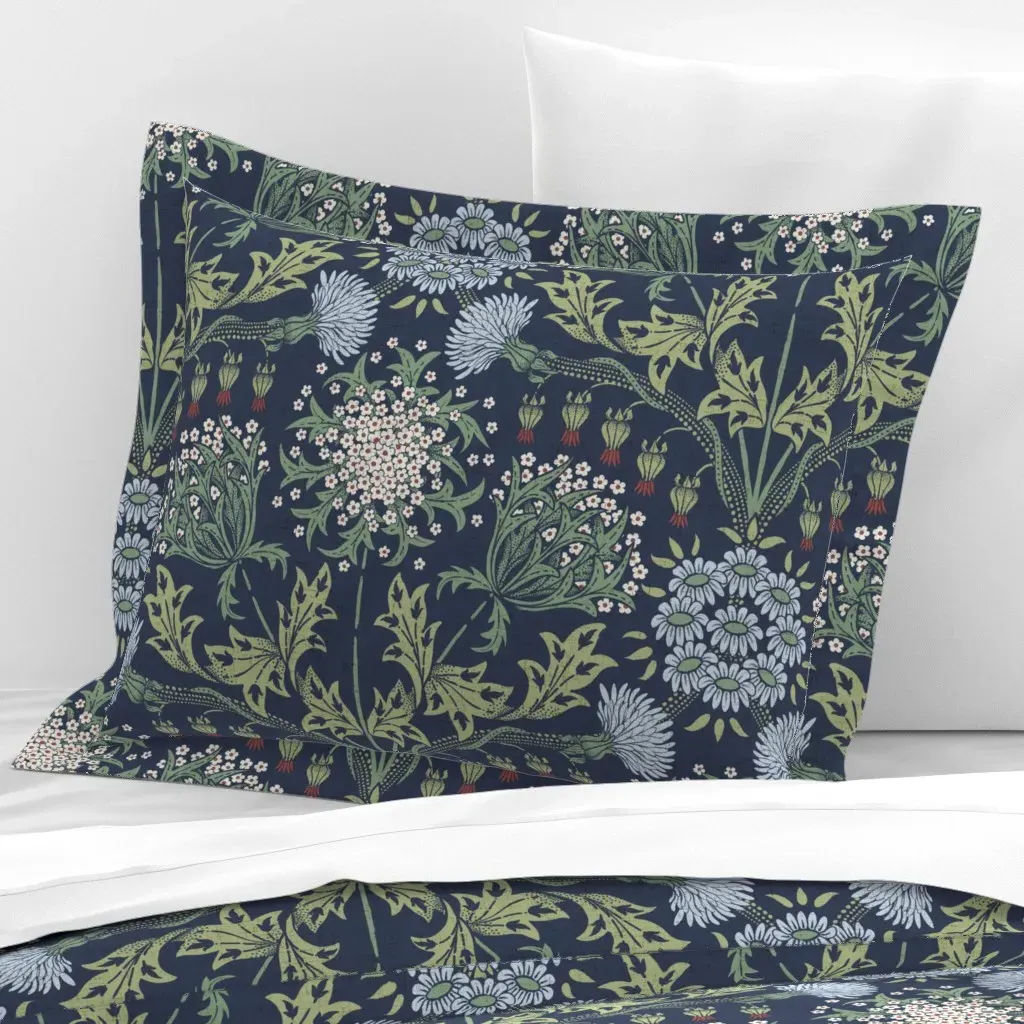 Arts & Crafts Heritage Botanical Wildflowers Standard Flanged Pillow - Dark Teal, Cotton Sateen product