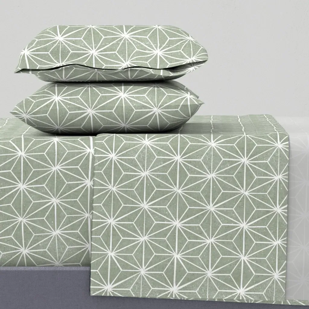 Asanoha Hemp Leaf Japanese Linocut King Sheet Set - Sage Green product