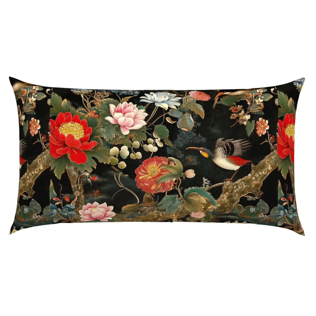 Asian Flowers and Birds King Pillow Sham - Red, Black product