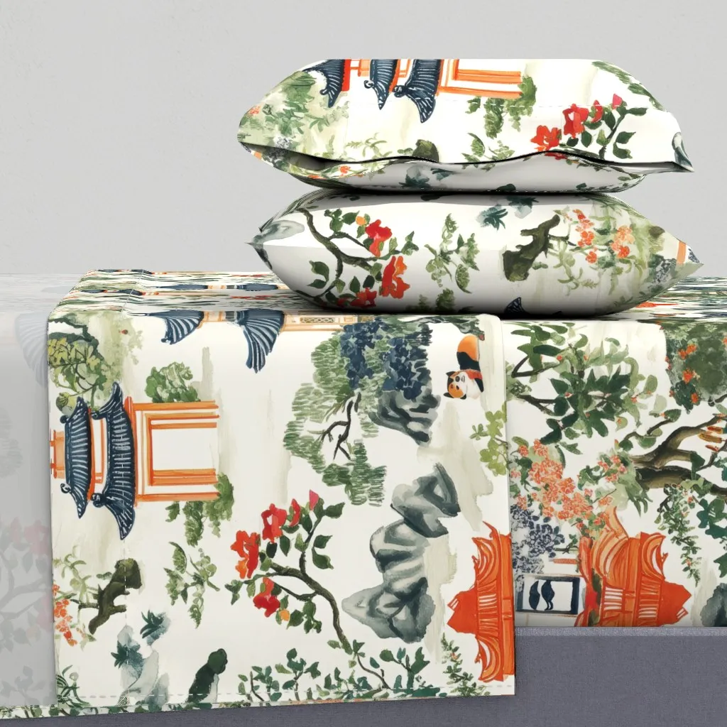 Asian Inspired Rural Landscape King Sheet Set - Orange product