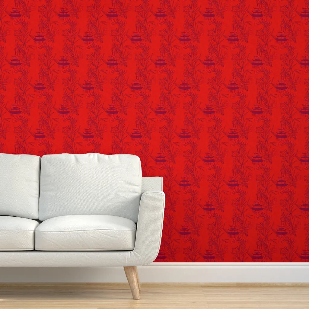 Asian Toile Bamboo & Pagoda Peel and Stick Wallpaper - Crimson product