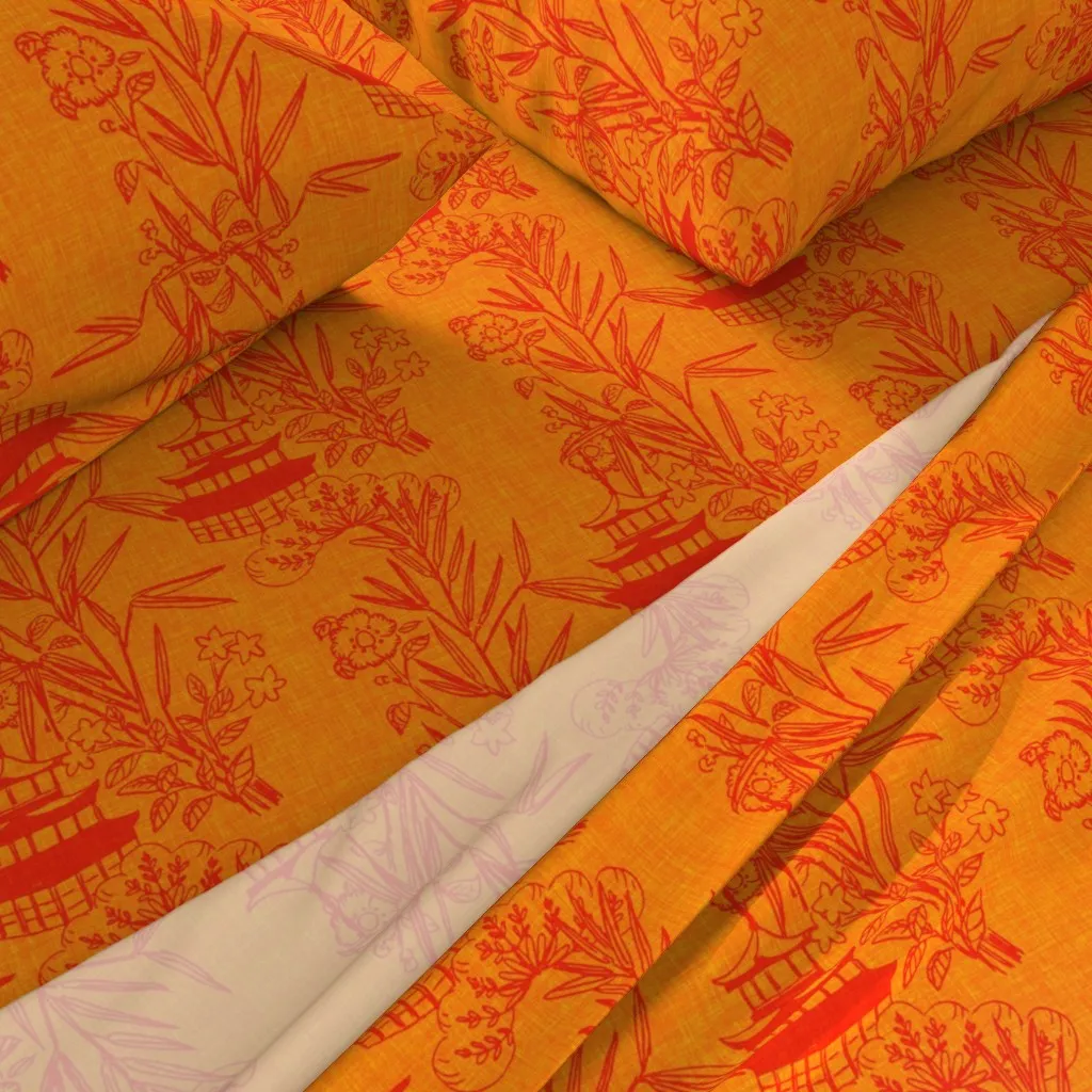 Asian Toile Bamboo & Pagoda Queen Sheet Set - Orange, Linen alternate view