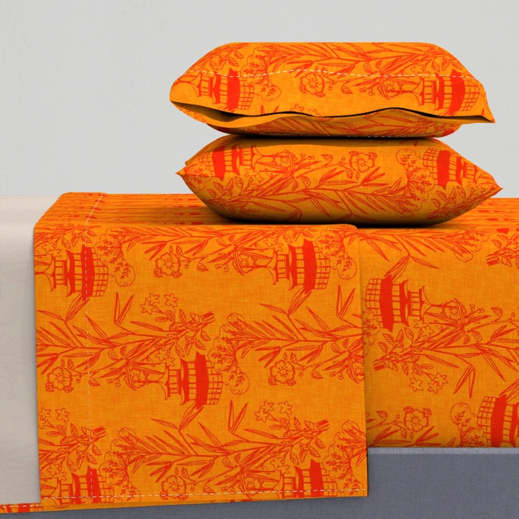 Asian Toile Bamboo & Pagoda Queen Sheet Set - Orange, Linen product