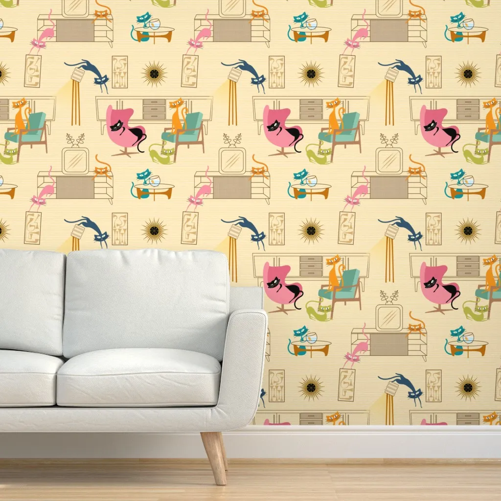Atomic Cats At Play By Virginia Peel and Stick Wallpaper - Beige product