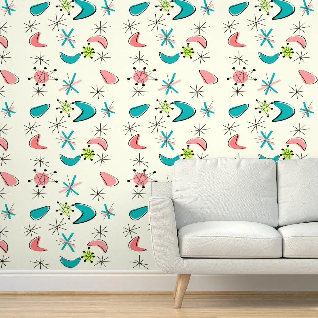 Atomic Era Boomerangs Peel and Stick Wallpaper - Beige, Blue product