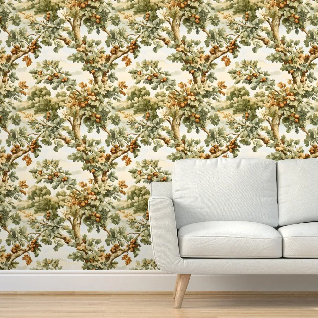 Aubusson Style Acorns On Oak Trees Peel and Stick Wallpaper - Green product