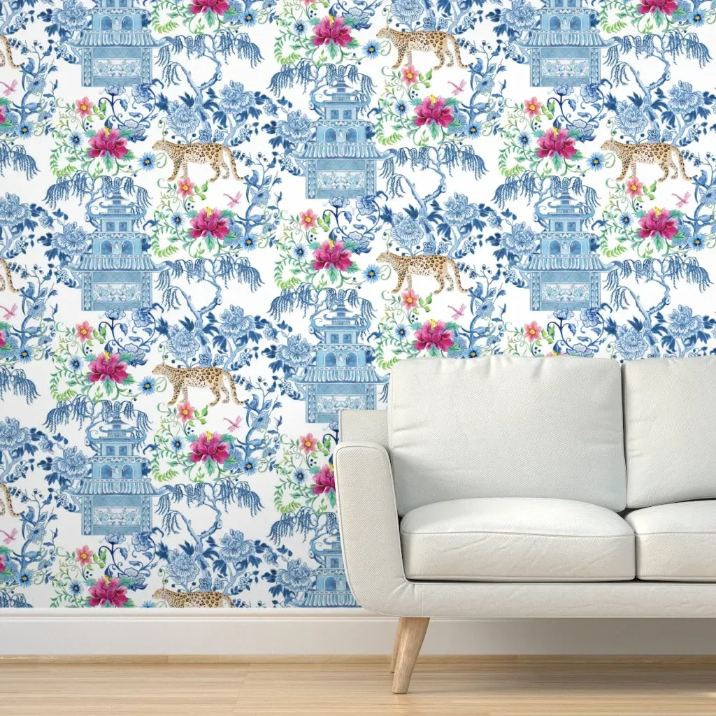 Audrey Jeanne Chinoiserie Peacock Pagoda Peel and Stick Wallpaper - Pink product