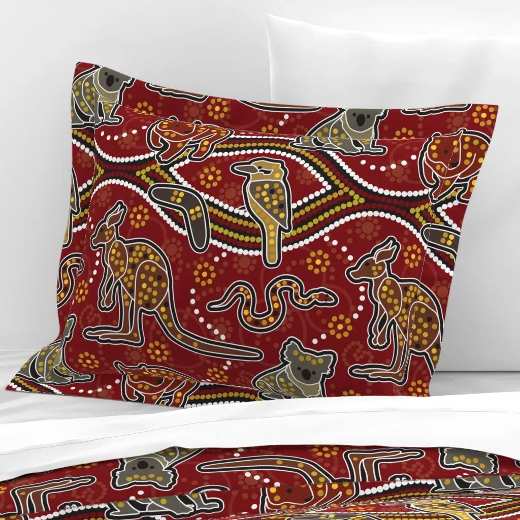 Australian Animals Aboriginal Art Standard Flanged Cushion Cover - Red, Cotton Sateen product