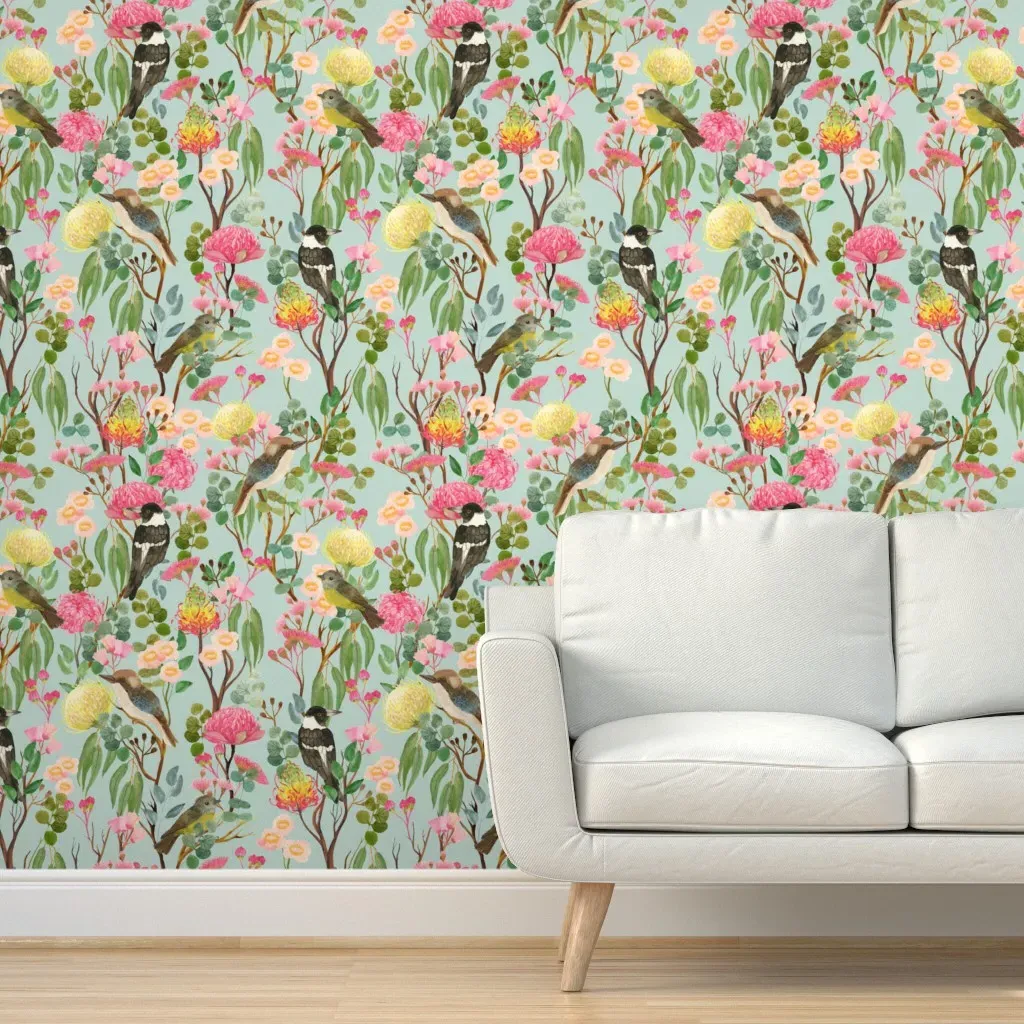 Australian Birds And Blooms Sky Peel and Stick Wallpaper - Pink product
