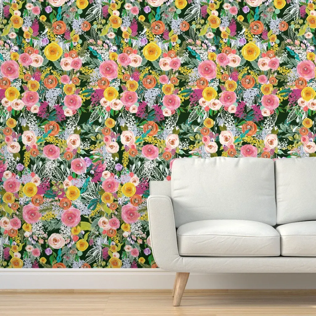 Autumn Blooms Painted Floral Peel and Stick Wallpaper - Pink, Green product