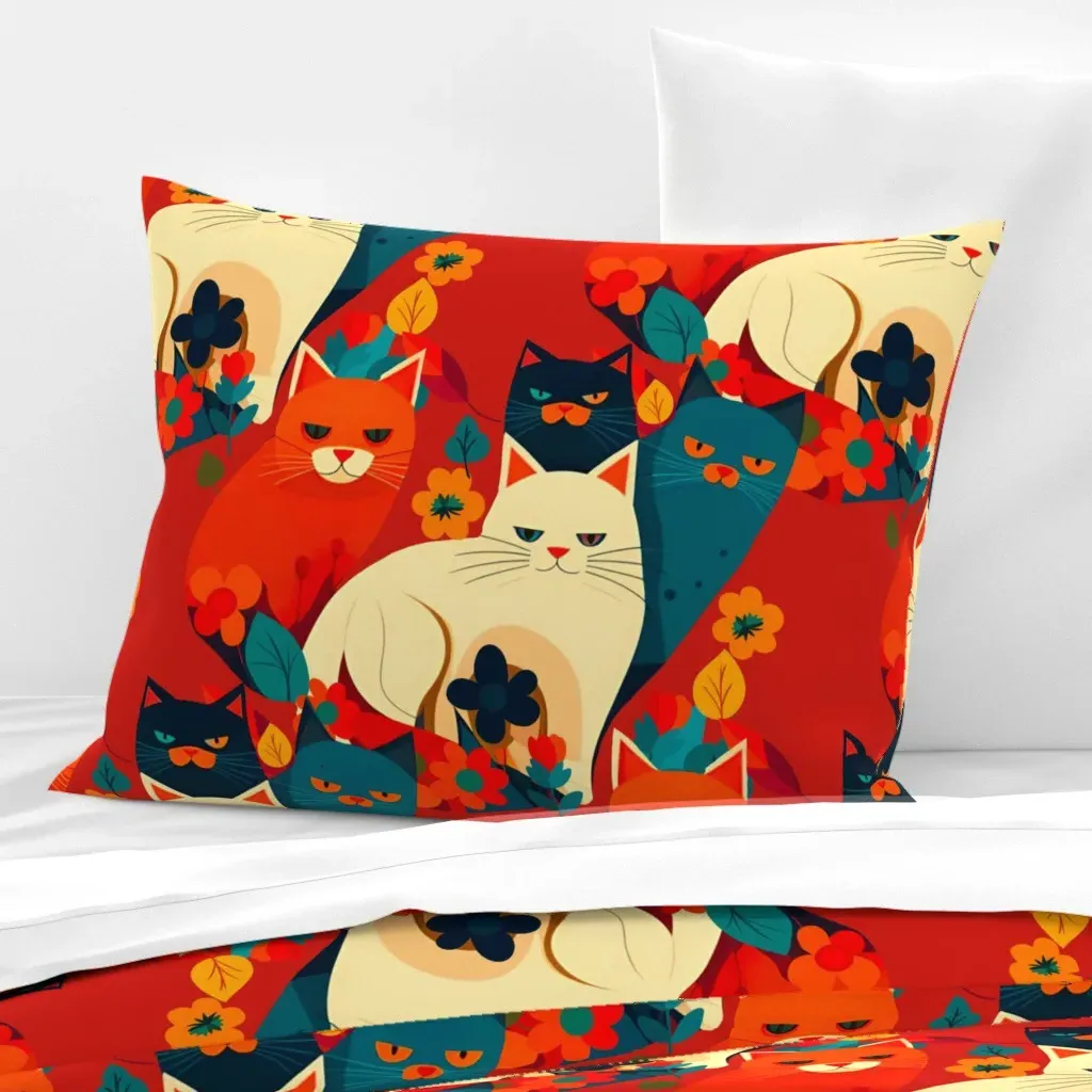 Autumn Cats Wide Cotton Sateen Standard Knife Edge Cushion - Red product