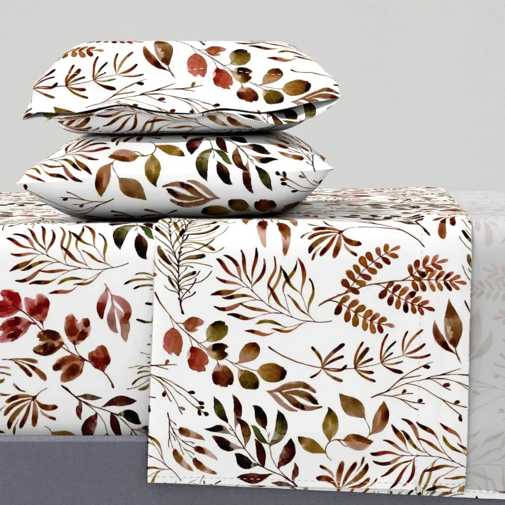 Autumn Fall Leaves Watercolor Botanical Twin Sheet Set - Brown product