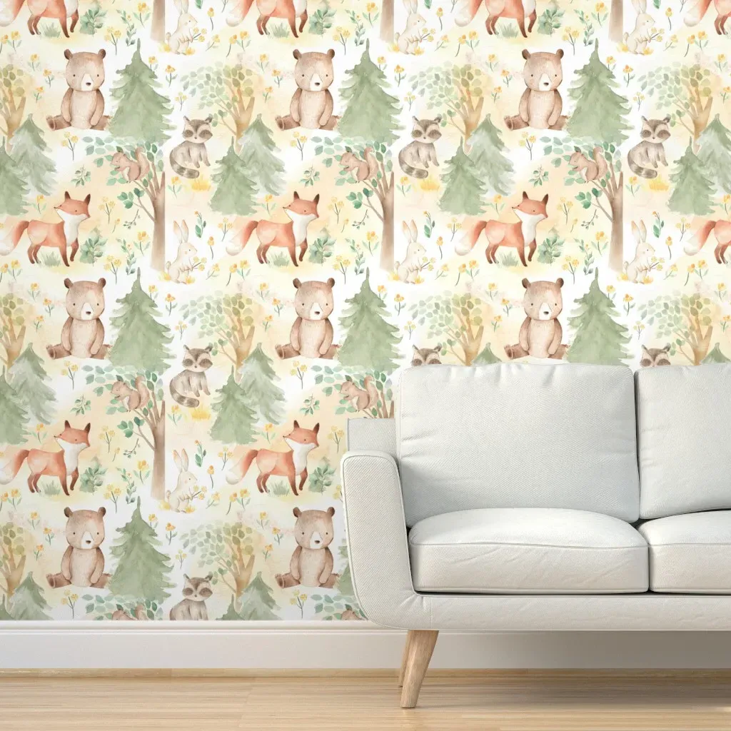 Autumn Forest Woodland Animals Peel and Stick Wallpaper - Off-White product