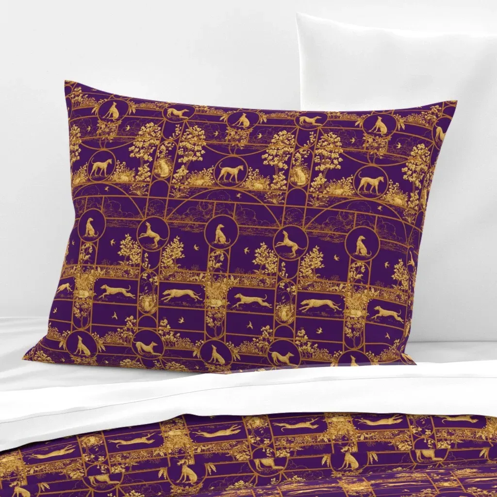 Autumn Purple Stained Glass Greyhounds Standard Pillow - Gold, Cotton Sateen product
