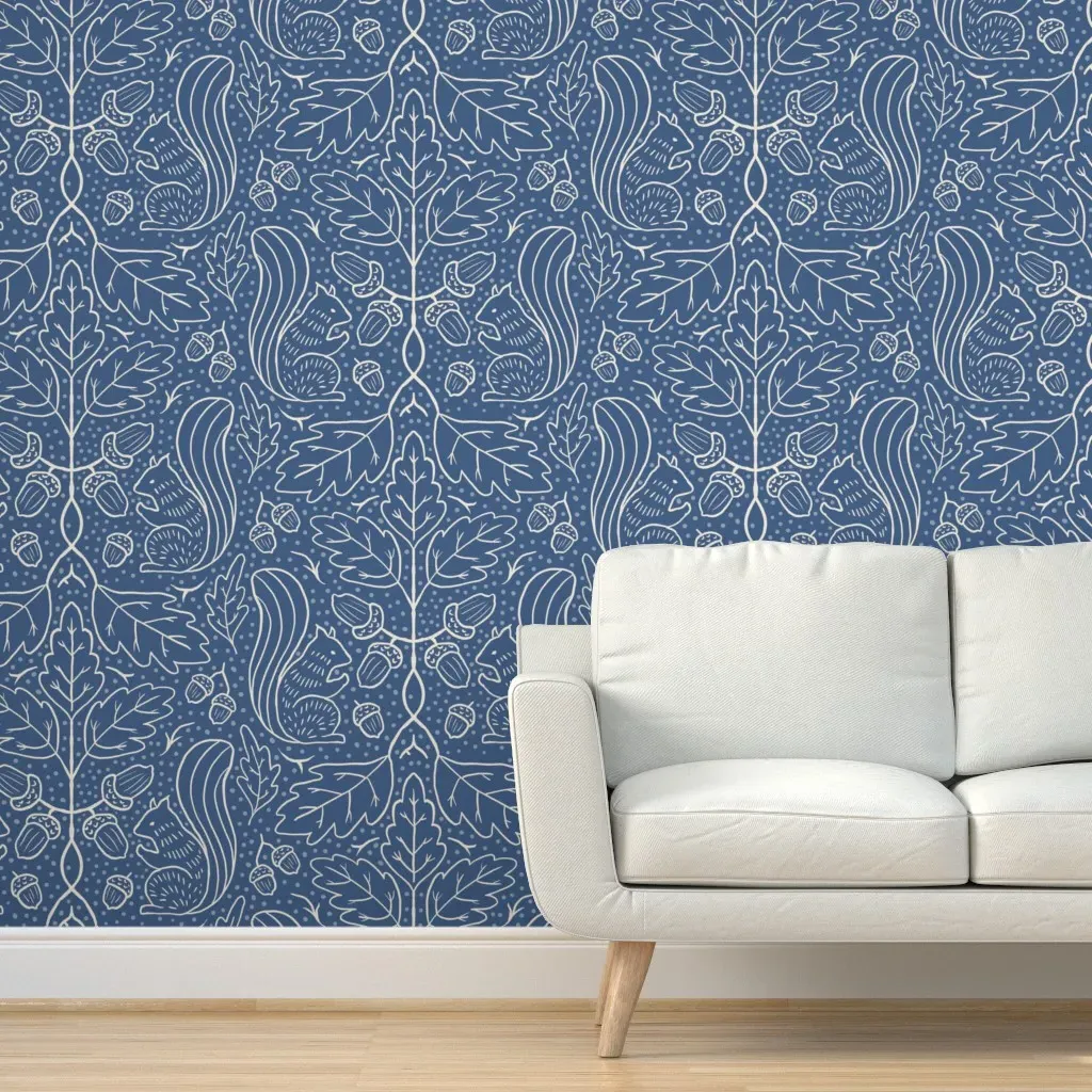 Autumnal Acorn And Squirrel Damask Peel and Stick Wallpaper - Navy Blue product