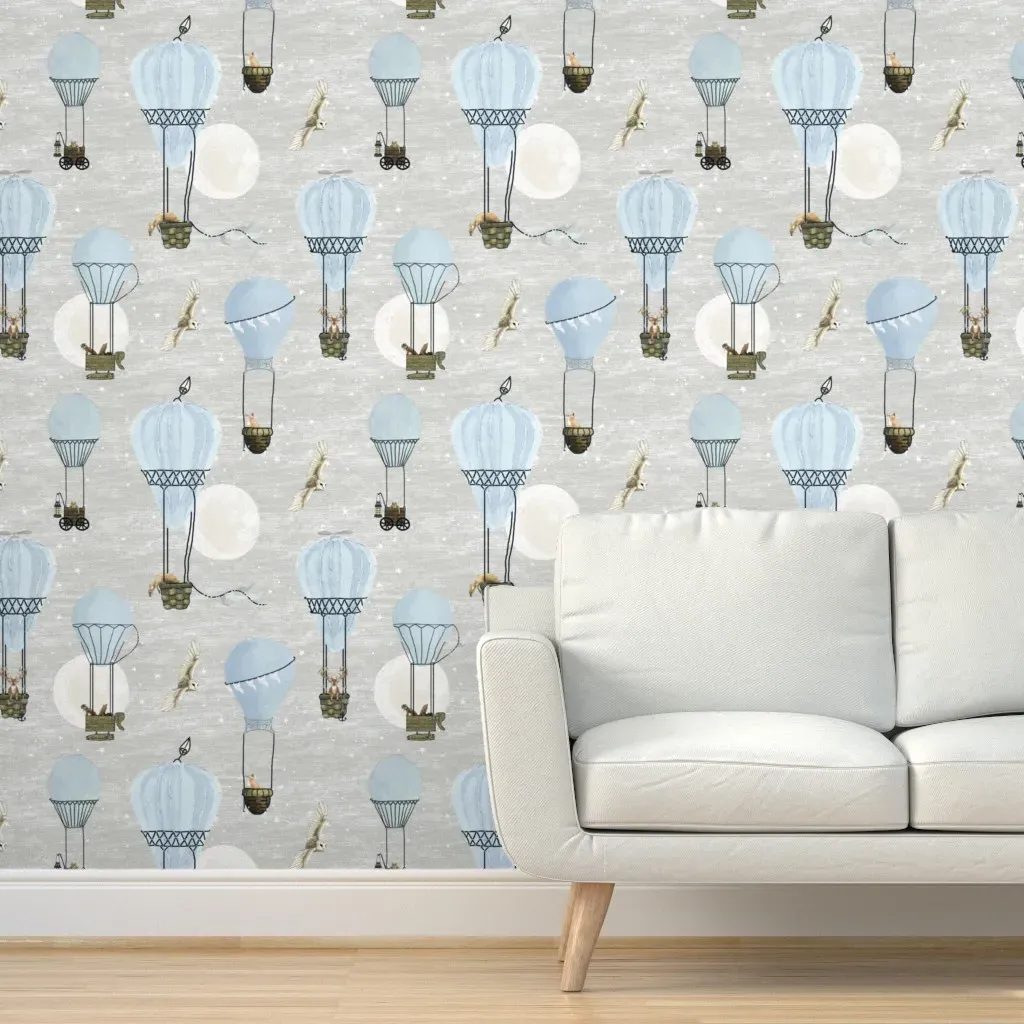 Baby Blue Hot Air Balloons Stars Moon Woodland Peel and Stick Wallpaper - Light Blue product