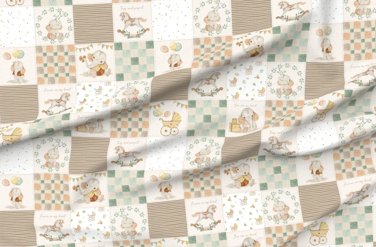 Baby Elephants Neutral Print Baby Quilt - Beige, Pique product