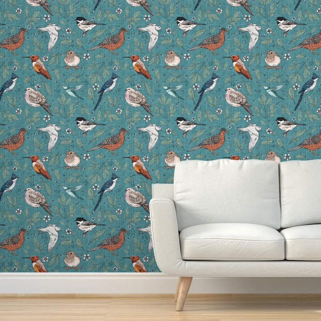 Backyard Birds Peel and Stick Wallpaper - Turquoise, Linen product