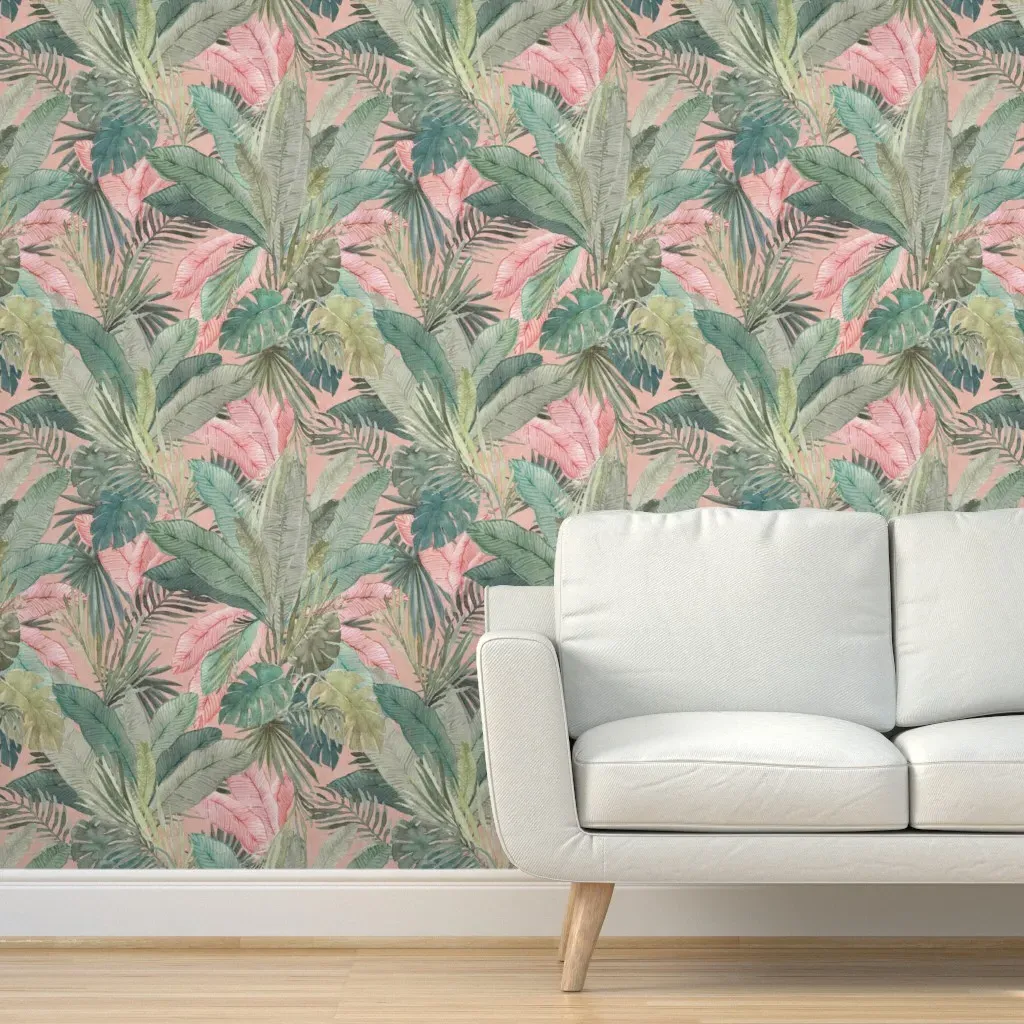 Bali Green Pink Jungle Peel and Stick Wallpaper - Watercolour product