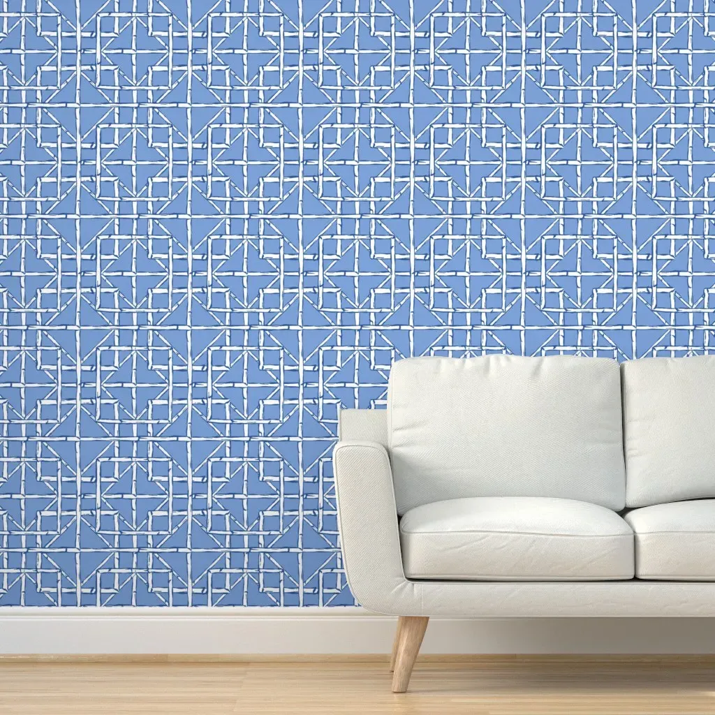 Bamboo Fretwork Diamonds Peel and Stick Wallpaper - White on Blue product