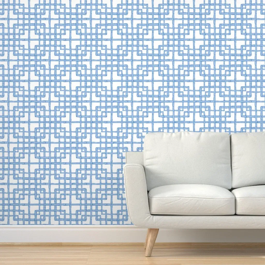 Bamboo Fretwork Squares Peel and Stick Wallpaper - Cornflower Blue product