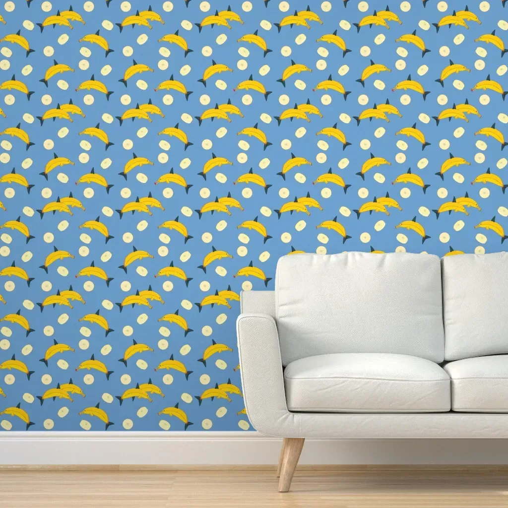 Banana Dolphins Peel and Stick Wallpaper - Blue, Yellow product
