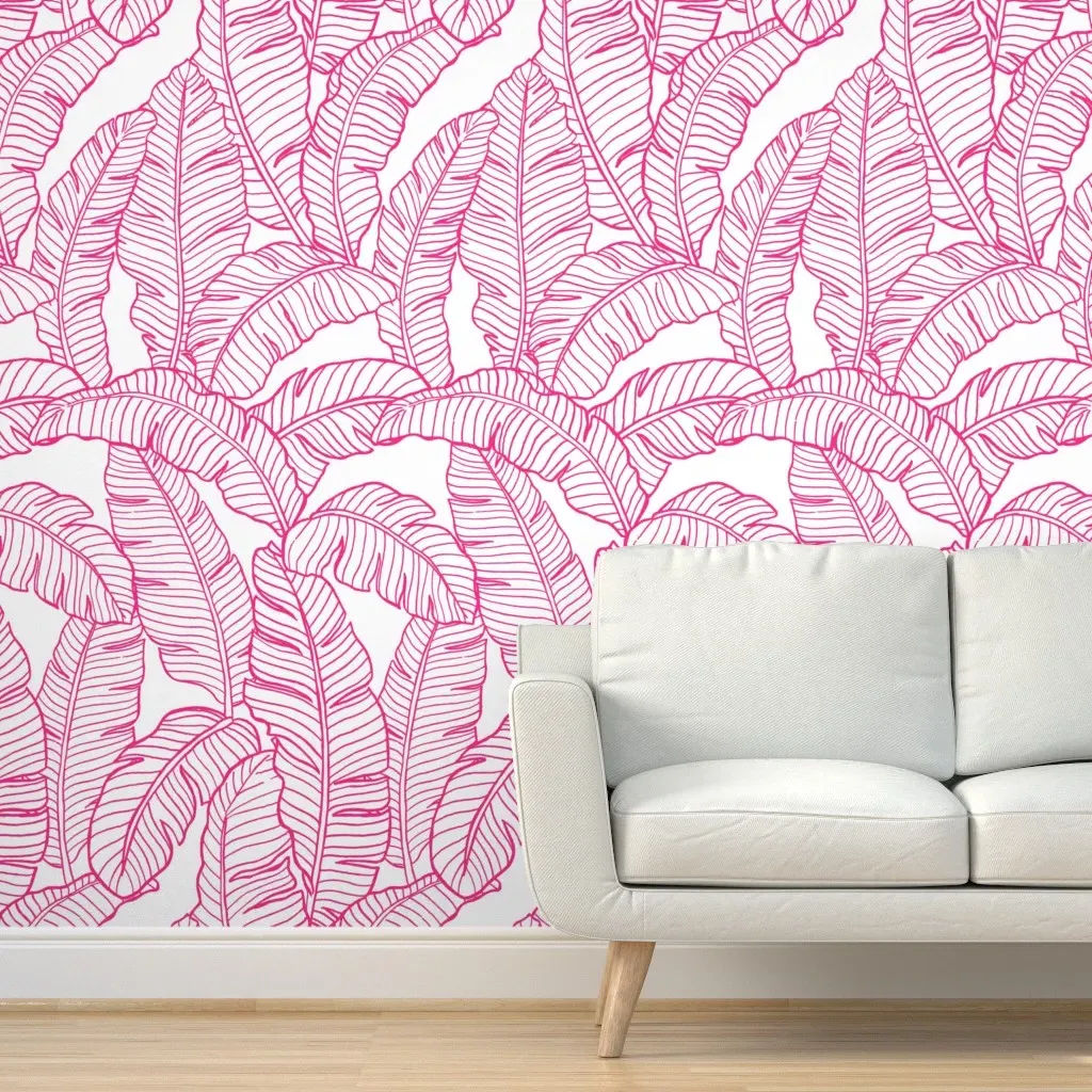 Banana Leaf Tropical Ink Peel and Stick Wallpaper - Pink, White product