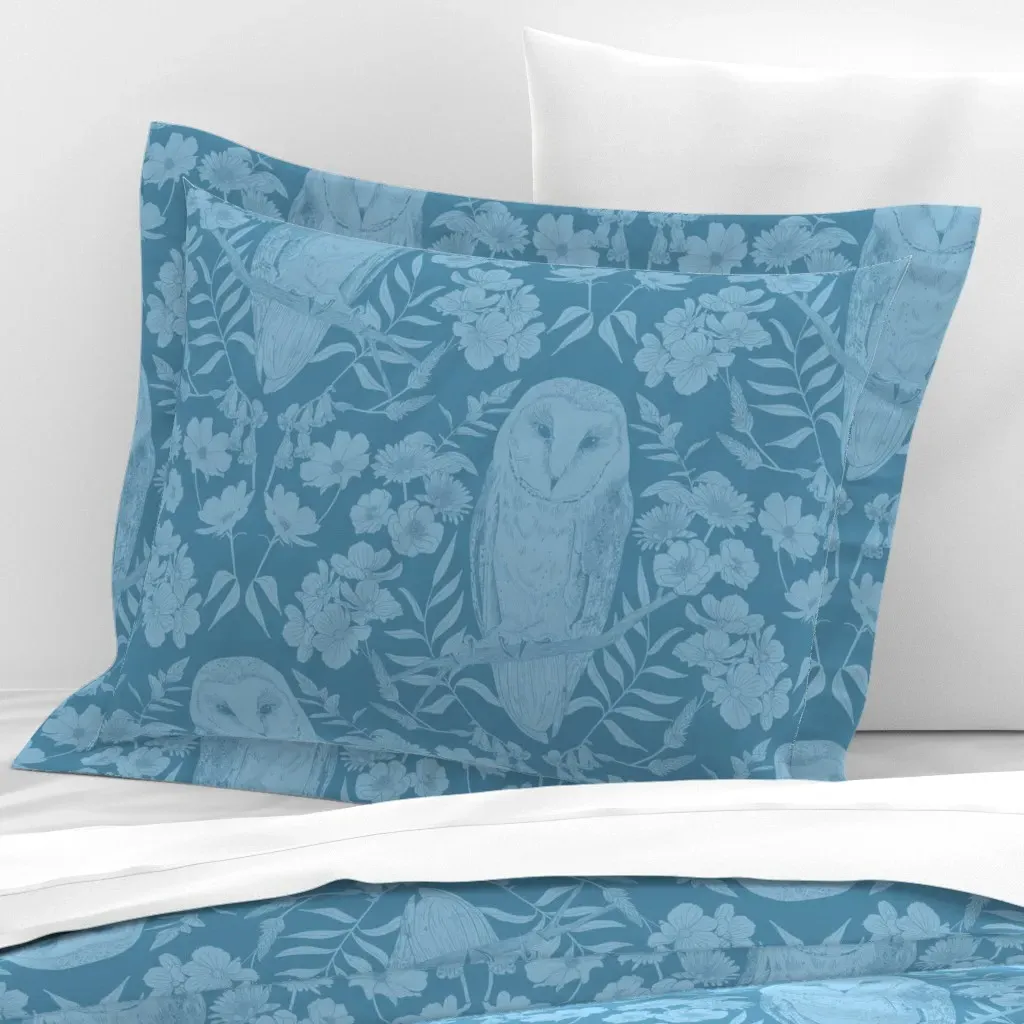 Barn Owl And Flowers Damask Standard Flanged Pillow - Dusty Blue, Cotton Sateen product