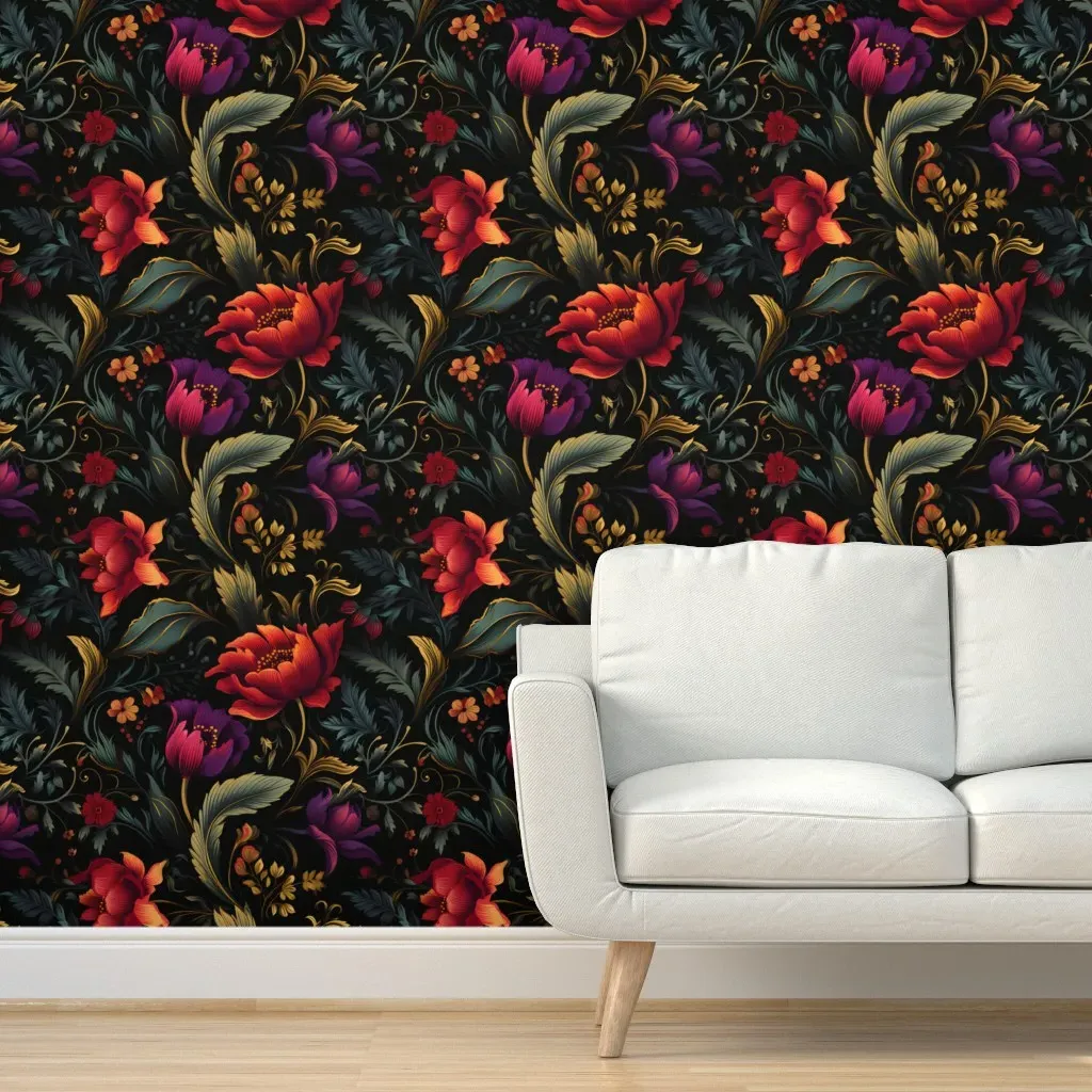 Baroque Blossoms Poppies Moonlit Noir Peel and Stick Wallpaper - Red product