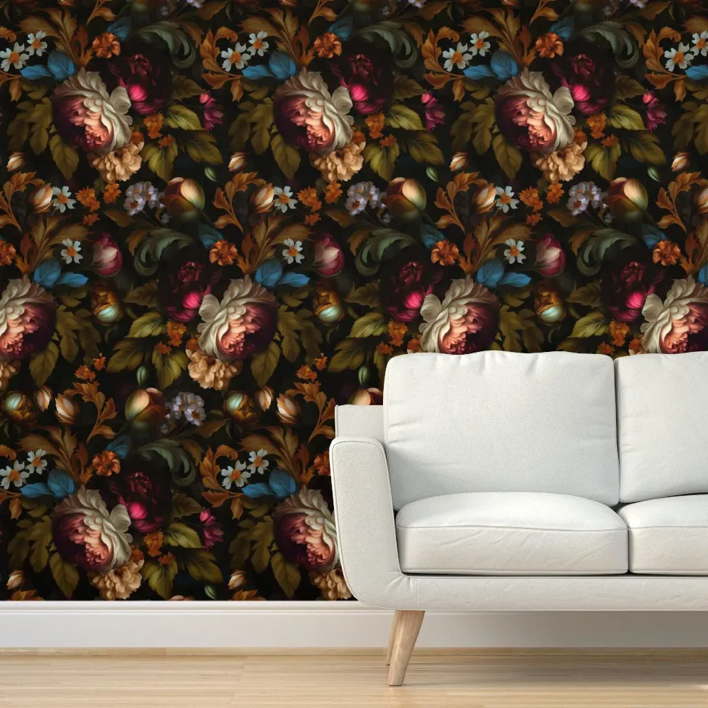Baroque Bold Moody Black Floral Peel and Stick Wallpaper - Burgundy product