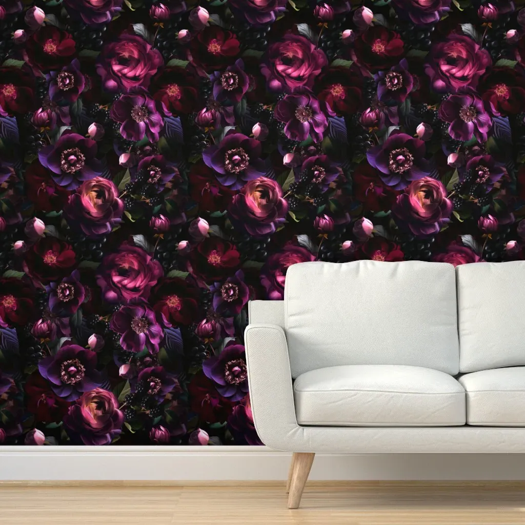 Baroque Dark Floral Peel and Stick Wallpaper - Deep Purple product
