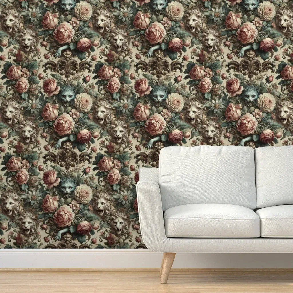 Baroque Kittens Gothic Victorian Peel and Stick Wallpaper - Dusty Rose product