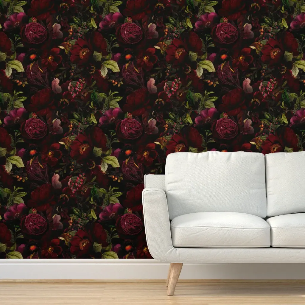 Baroque Peonies Peel and Stick Wallpaper - Dark Red product