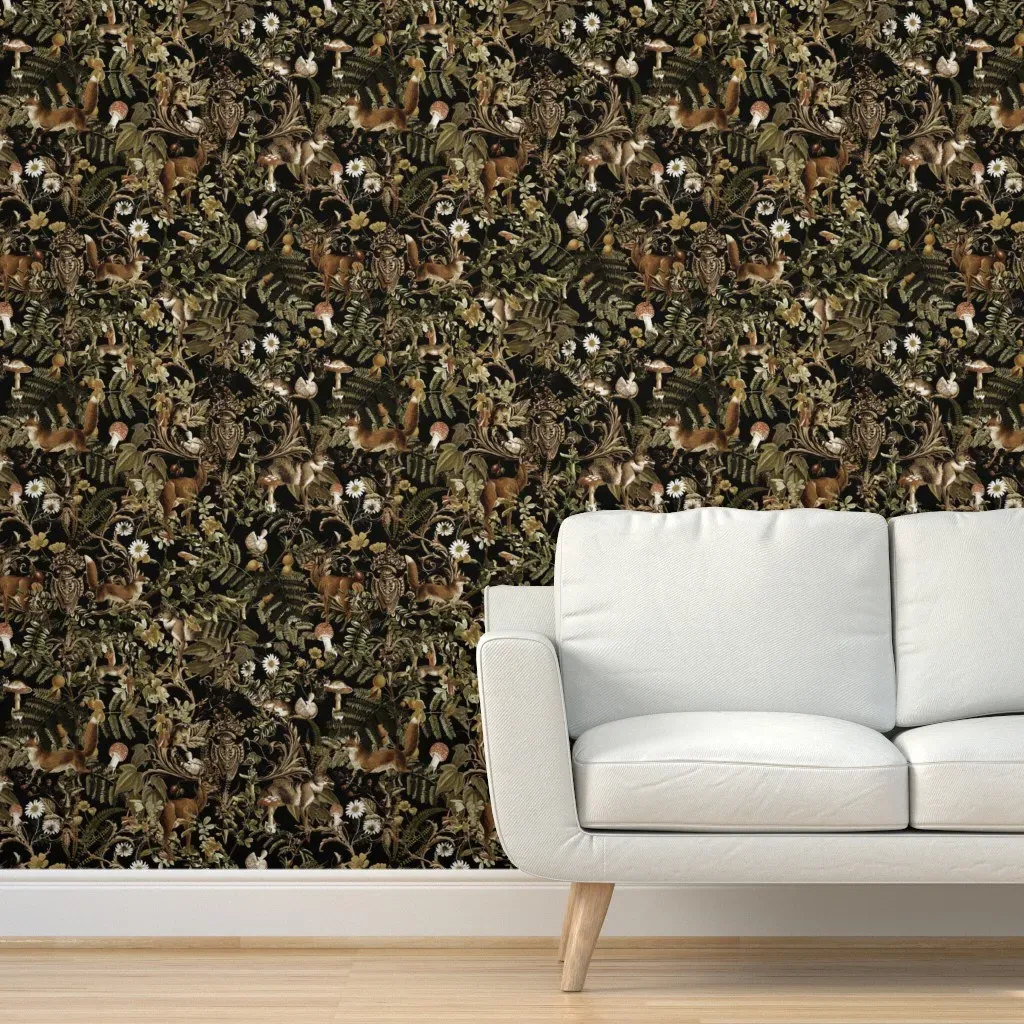Baroque Rustic Autumn Leaves Wild Deer Peel and Stick Wallpaper - Dark Green product