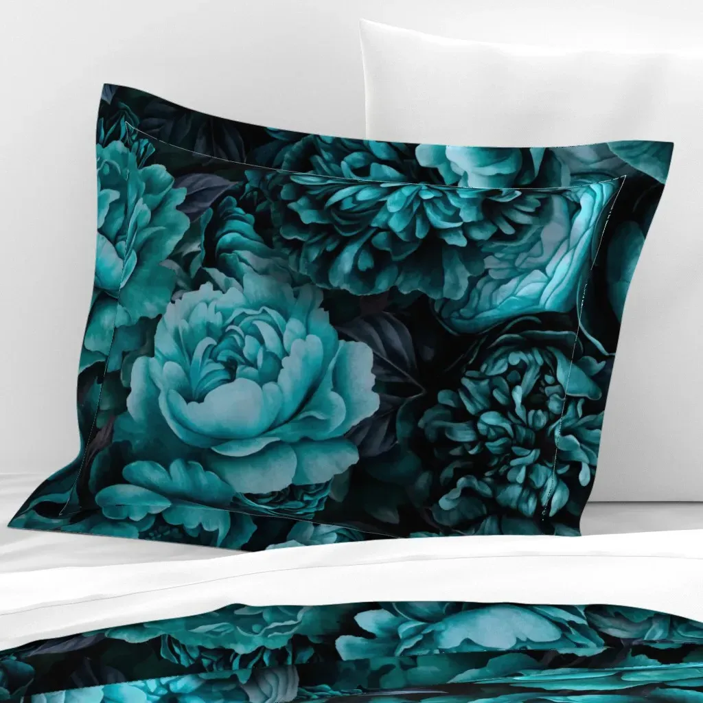 Baroque Velveteen Flower Standard Flanged Cushion Cover - Teal, Cotton Sateen product