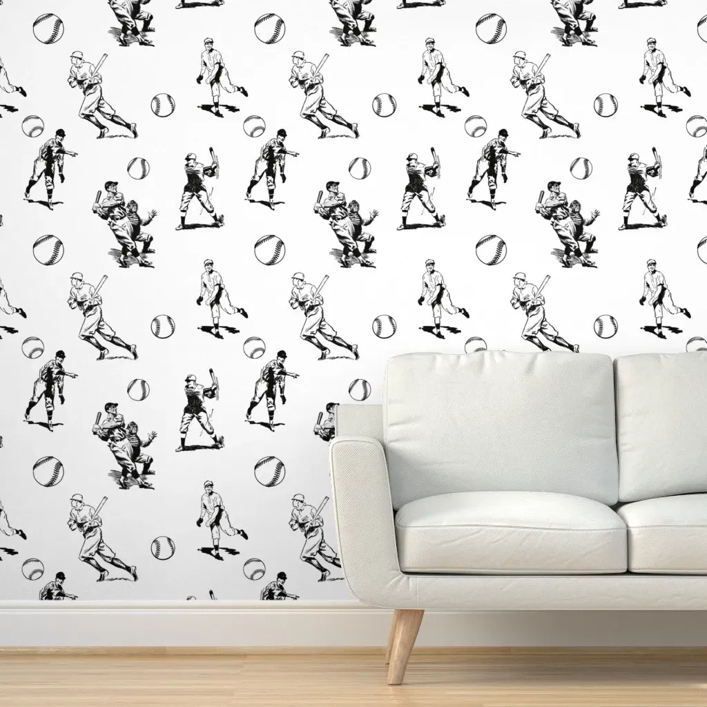 Baseball Players Sports Scenes Peel and Stick Wallpaper - Black, White product